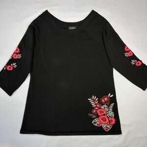 Cartise Sweater Womens Sweater Medium‎ Black Floral Embroidered 3/4 Sleeve Boho